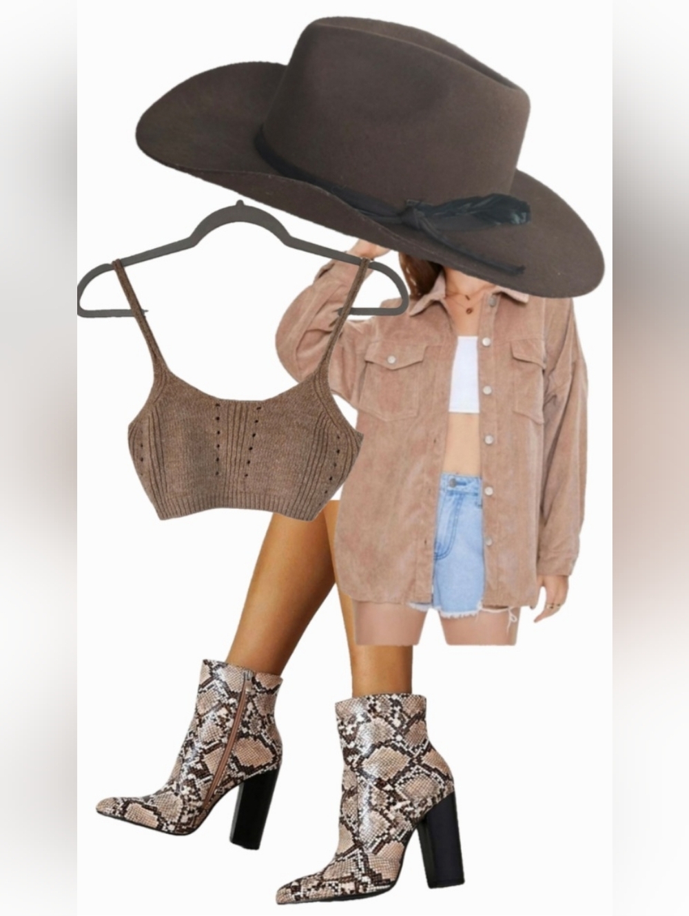 Boho Western Bundle | Brixton Hat Corduroy Shacket Knit Top Lulu Snakeskin Boots